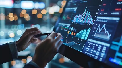 Poster - Businessman analyzes financial data on a computer screen using a pen to point at the charts and graphs that show market trends and performance.