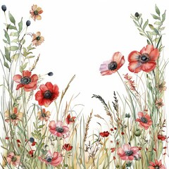 Wall Mural - Watercolor tall grass and red poppys on a white background