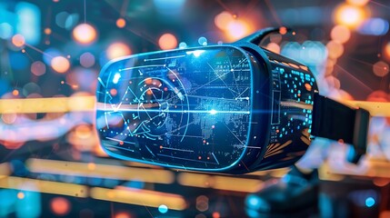 Poster - close up of a virtual reality headset displaying a futuristic digital interface with a world map and