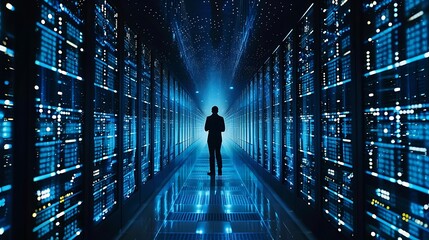 Poster - silhouette of a person standing in a large data center filled with rows of servers. the room is lit 