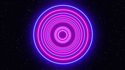 Wall Mural - 3d neon blue and pink abstract background with laser glowing circles tunnel. Futuristic cyber y2k round shapes disco music template background illustration. Spiritual psychedelic 