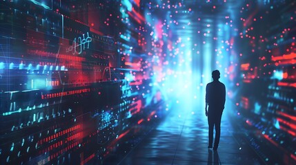 Wall Mural - Figure walks towards a bright light in a digital environment, symbolizing the journey into the future of technology and innovation.