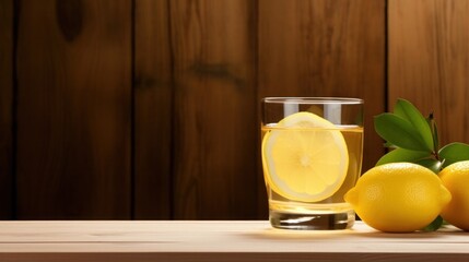 A glass of honey lemon water with a rustic wooden table background