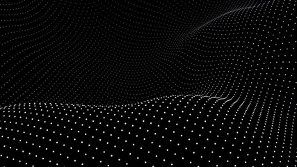 Fototapete - 3d render abstract neon grid wave technology digital network connection glowing white particles dots