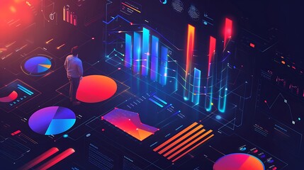 Poster - Futuristic visualization of a man surrounded by data, charts, and graphs. This image depicts the importance of data analysis and insights in the digital age.