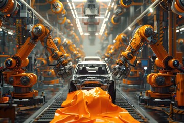 A robot works in a car factory with an orange sheet on top. dynamic energy