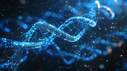 Poster - Digital representation of a DNA molecule with a dark blue background and a digital network in the double helix structure of DNA in a futuristic style.