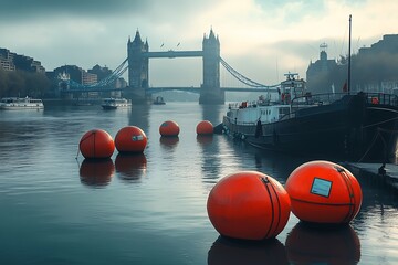 Wall Mural - Evening view of Tower Bridge at sunset over dramatic cloudy sky. Thames River water reflection present.