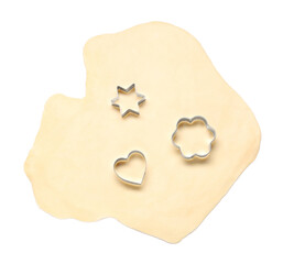 Wall Mural - Raw dough and cookie cutters isolated on white, top view