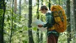 © Shozib - Hiker consults a map while trekking through a wooded area with a backpack