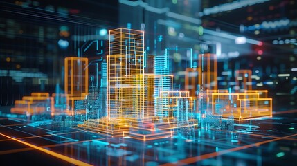 Poster - Digital rendering of a futuristic cityscape with glowing lines and vibrant colors, representing the rapid advancements in technology and the evolving landscape of cities.