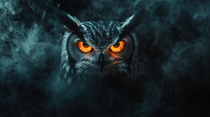 On a black background, the yellow glowing eyes of an owl can be seen from afar, surrounded by thick smoke and lighting effects, with shimmering colors and glowing sparks creating an elegant, mystical 