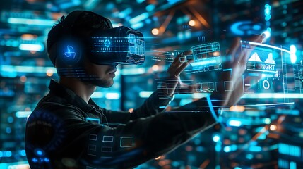 Poster - man wearing a vr headset interacts with a digital interface, showcasing the power of virtual reality