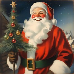 Festive Santa Claus Smiling holding a Christmas Tree 