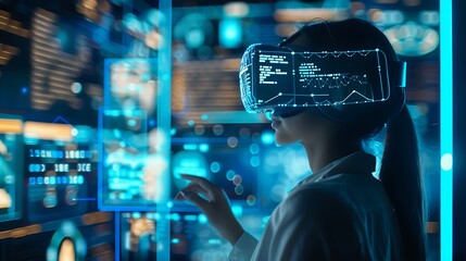 Poster - Woman wearing a VR headset interacts with a digital interface, showcasing the immersive possibilities of virtual reality.