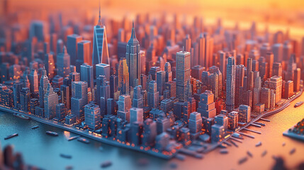 Wall Mural - mega city landscape, isometric 3d rendering,  business, buildings, skyline, port city metropolis adjacent to the sea