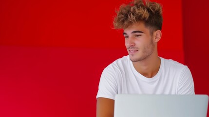 Poster - A young man is sitting at a table with a laptop in front of him. He is smiling and he is enjoying himself