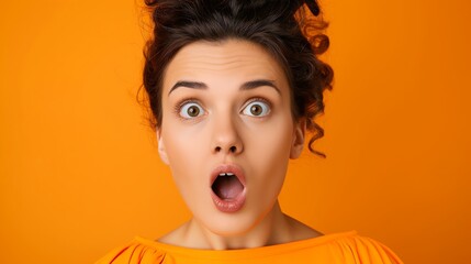 Wall Mural - A woman with a surprised expression on her face is wearing an orange shirt. The orange background adds a pop of color to the scene