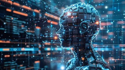 Poster - Digital rendering of a humanoid robot's head, representing artificial intelligence and the future of technology.