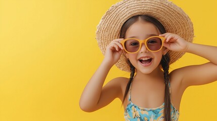 Wall Mural - A young girl wearing a straw hat and yellow sunglasses is smiling. The image has a bright and cheerful mood, with the girl's smile and the sunny background