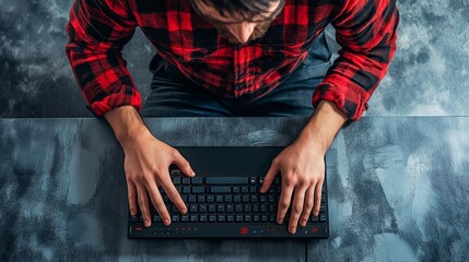 Poster - A man is typing on a keyboard while wearing a red plaid shirt. Scene is casual and relaxed, as the man is sitting comfortably at a desk