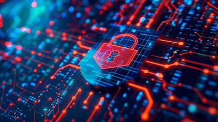 Poster - Red padlock icon on a digital circuit board, symbolizing data security and protection in the digital age.