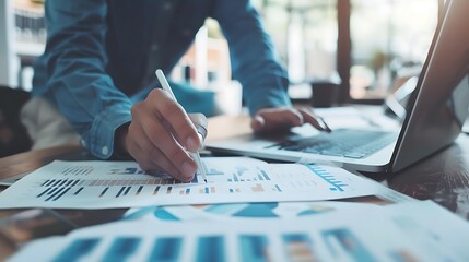 Poster - Close up of a businessman's hands working on a laptop, analyzing financial data, and writing notes on paper reports.