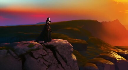 Wall Mural - Mysterious figure in a cloak standing on a cliff at sunset, overlooking a mountainous landscape