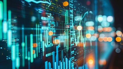 Poster - Close up of a screen displaying stock market data with a blurry cityscape in the background. The chart is lit by bright green and blue lights.