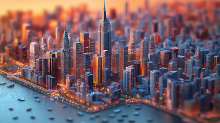 Wall Mural - mega city landscape, isometric 3d rendering,  business, buildings, skyline, port city metropolis adjacent to the sea