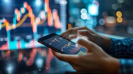 Poster - Close up view of a person's hands holding a smartphone and looking at financial data and stock market charts, focusing on their analysis of the data, suggesting financial analysis and trading.