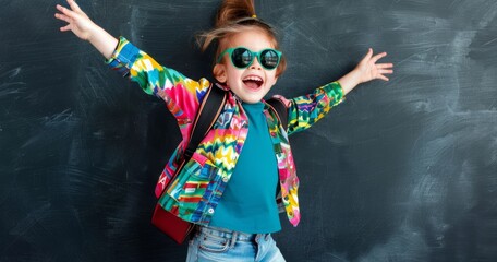 A happy young girl in a vibrant outfit and sunglasses, jumping against a chalkboard backdrop with arms spread wide in excitement.