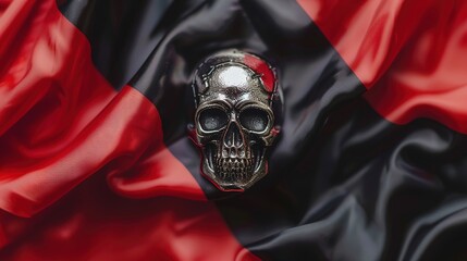 Sticker - Metallic skull pirate pin on a waving red and black flag, hacker emblem, death danger symbol