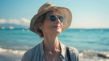 Sticker - Smiling mature woman at the beach, happy, joyful, enjoying sunny weather near the ocean, natural and relaxed lifestyle