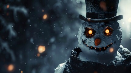 A terrible snowman with a scary expression and a top hat,