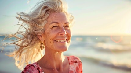 Poster - Smiling mature woman at the beach, happy, joyful, enjoying sunny weather near the ocean, natural and relaxed lifestyle