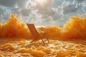 Chairs with view to the orange ocean with big waves.