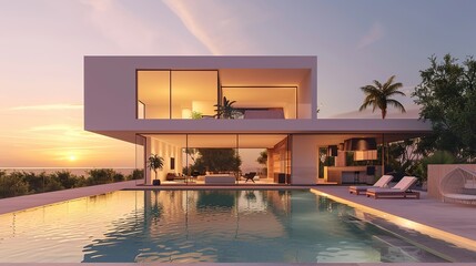 Poster - Modern minimalist cubic mansion with swimming pool at sunset