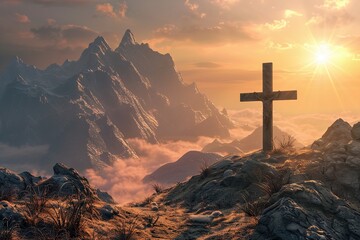 mountain cross with sun