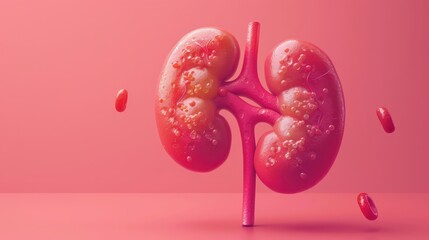 Wall Mural - A red and pink kidney is shown with red blood cells surrounding it