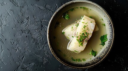 Wall Mural - White fish soup with clear broth in a bowl on a black background viewed from above Healthy and light meal with space for text Flat lay image