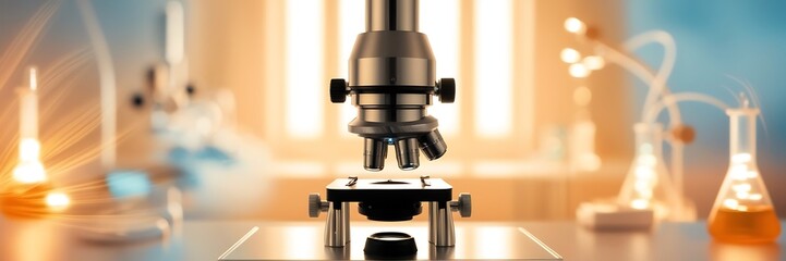 Close-up shot of microscope with metal lens at laboratory. Microprocessor Component, Developing High Tech Modern Electronics