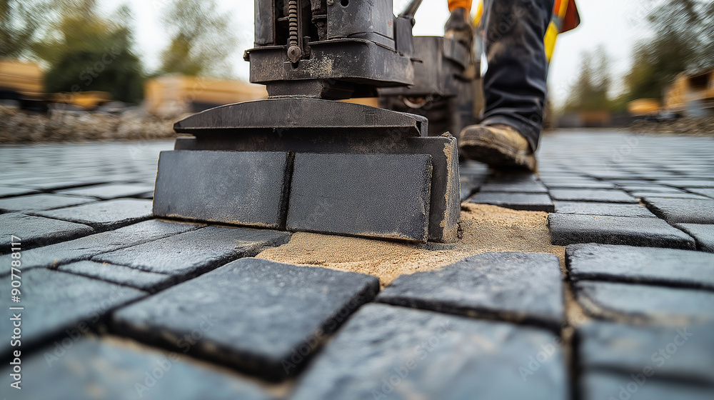 A telephoto angle photo of a worker using a compactor machine to settle ...