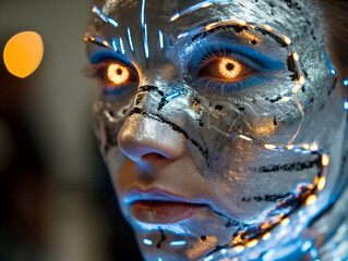 Canvas Print - A woman with a metallic face paint and glowing eyes. The face paint is silver and blue, and the eyes are bright yellow. The woman's face is illuminated by lights, giving it a futuristic