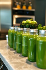 Wall Mural - Green Smoothie Cleanse Plan with Time-Labeled Bottles on a Modern Kitchen Counter