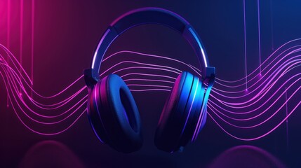 Poster - Headphones with Neon Waves - Futuristic Audio