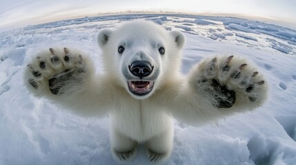 a baby polar bear with fluffy fur and a joyful grin reaches out with both paws, taking a high-resolu
