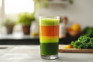 Wall Mural - Refreshing Layered Detox Juice Blend with Kale, Carrot, and Turmeric in Modern Kitchen