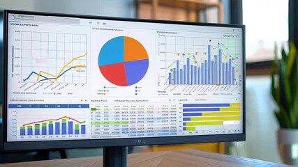 Poster - computer monitor displaying a pie chart and bar graph analysis, with a keyboard and mouse in front