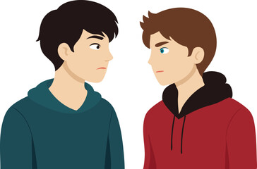 Two young men maintain a serious gaze while engaging in a deep conversation.